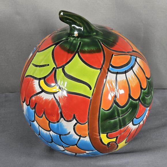Blue Orange Pottery Talavera 9" Jack O Lantern Pumpkin Luminary Mexico Decor - Picture 4 of 10